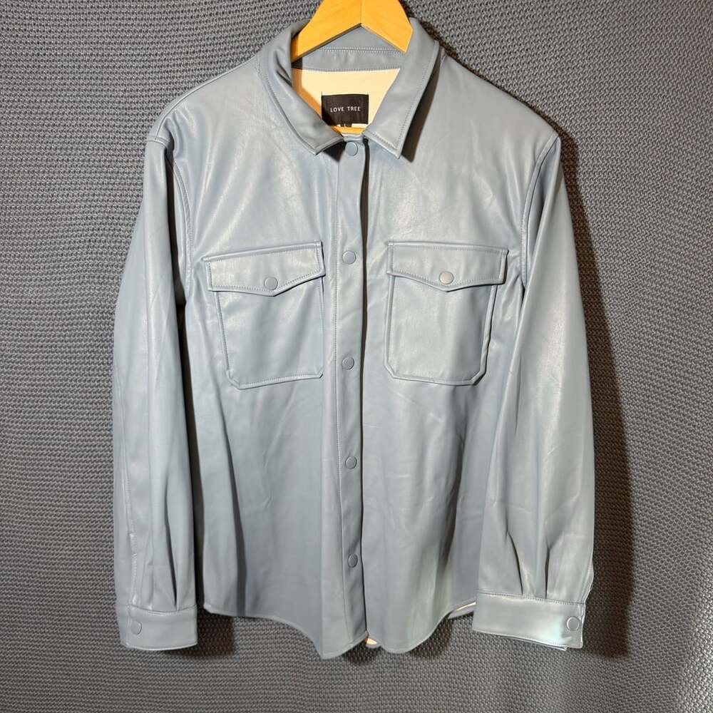 Love Tree Faux Leather Shirt Jacket Size L Blue Polyurethane